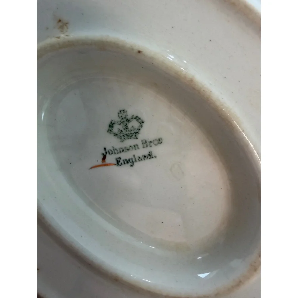 Antique Johnson Bros England Gravy Boat & Underplate Gold Trim Cream China